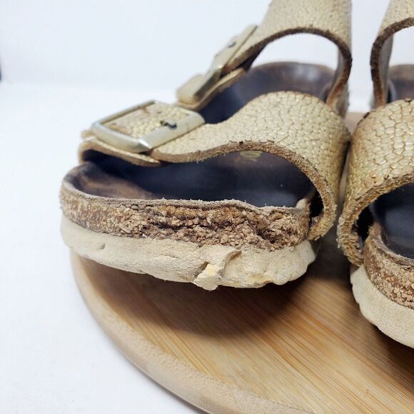 Birkenstock Arizona 38 Womens 7 Sandals Gold Pebble Leather Reptile Buckle Slide - Picture 4 of 12